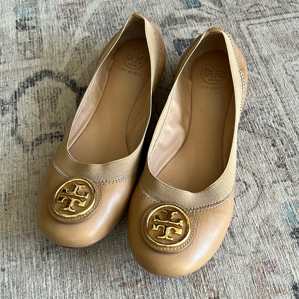 Tory Burch Caroline Ballet Flats Gold Logo Women’s Size 6.5 M